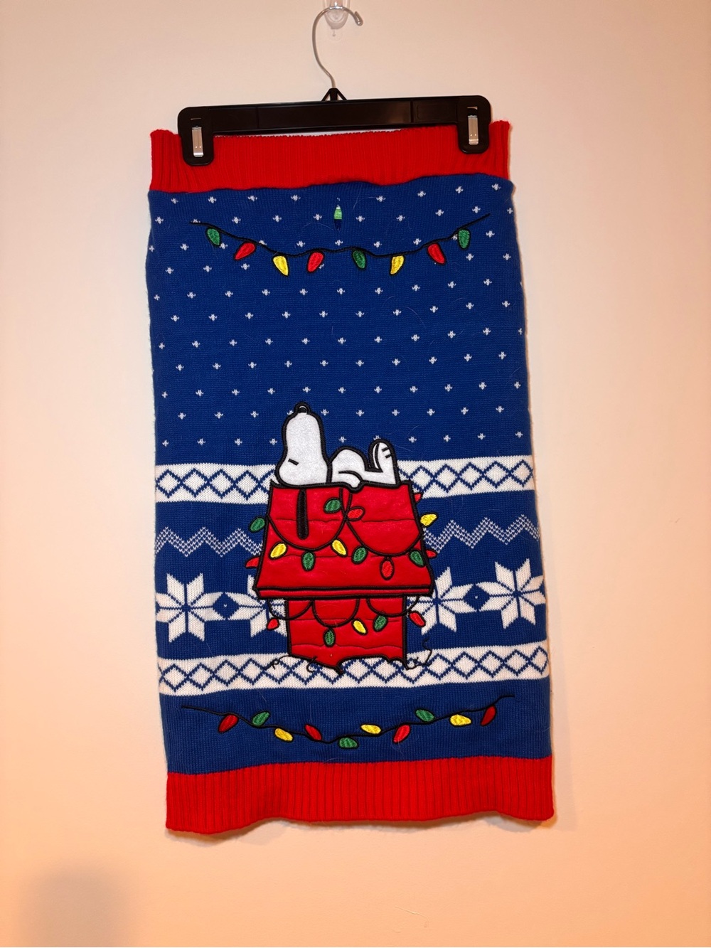 Peanuts Blue and Red Holiday Knit Dog Sweater with Snoopy